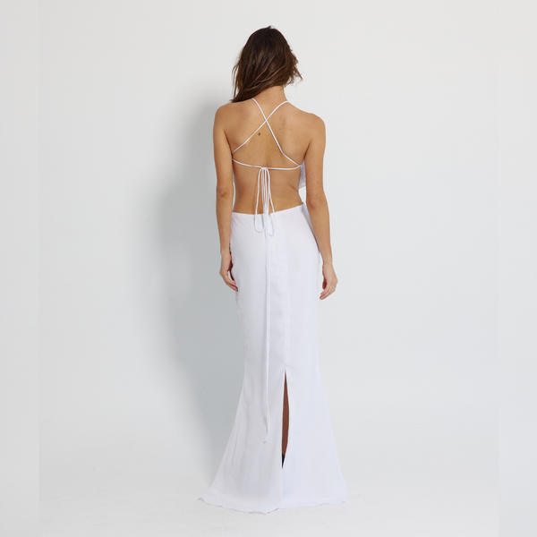 Long Backless White Dress with straps, Mermaid Line Dress - GINAKIM