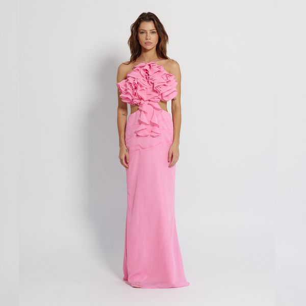 Long Backless Pink Dress with straps, Mermaid Line Dress - GINAKIM