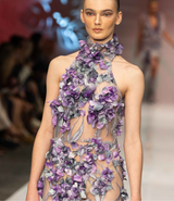 3D flowers French lace fabric with high quality tulle, featuring a halter neckline and a mermaid hemline | Gina Kim