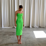 Strapless solid green coloured mid-calf length dress | Gina Kim