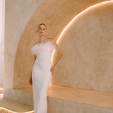 White Strapless ankle length dress with ostrich feathers | Gina Kim