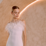 White Strapless ankle length dress with ostrich feathers | Gina Kim