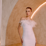 White Strapless ankle length dress with ostrich feathers | Gina Kim