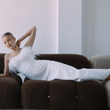 White Strapless ankle length dress with ostrich feathers | Gina Kim