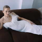 White Strapless ankle length dress with ostrich feathers | Gina Kim