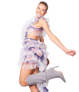 pleated organza ruffle fabric in white purple gradient, V neckline with lower backline dress & angled skirt hemline | Gina Kim