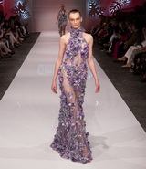 3D flowers French lace fabric with high quality tulle, featuring a halter neckline and a mermaid hemline | Gina Kim