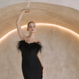 Black Strapless ankle length dress with ostrich feathers | Gina Kim