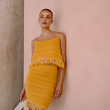 Short fringed knitted tank top and knee length skirt set | Gina Kim