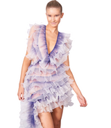pleated organza ruffle fabric in white purple gradient, V neckline with lower backline dress & angled skirt hemline | Gina Kim