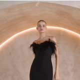 Black Strapless ankle length dress with ostrich feathers | Gina Kim