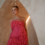 Full ruffles pleated strapless mini length party dress with mermaid line | Gina Kim