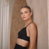 Adjustable black straps bra top and midi length skirt set | Gina Kim