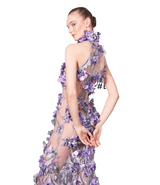 3D flowers French lace fabric with high quality tulle, featuring a halter neckline and a mermaid hemline | Gina Kim