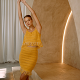 Short fringed knitted tank top and knee length skirt set | Gina Kim