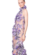 3D flowers French lace fabric with high quality tulle, featuring a halter neckline and a mermaid hemline | Gina Kim