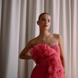 Full ruffles pleated strapless mini length party dress with mermaid line | Gina Kim