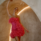 Full ruffles pleated strapless mini length party dress with mermaid line | Gina Kim