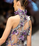 3D flowers French lace fabric with high quality tulle, featuring a halter neckline and a mermaid hemline, from the back  | Gina Kim