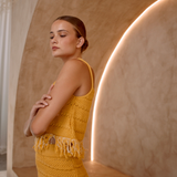 Yellow Short fringed knitted tank top and knee length skirt set | Gina Kim