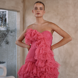 Full ruffles pleated strapless mini length party dress with mermaid line | Gina Kim