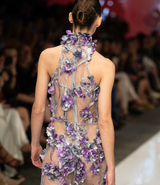 3D flowers French lace fabric with high quality tulle, featuring a halter neckline and a mermaid hemline, from the back  | Gina Kim