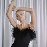 Black Strapless ankle length dress with ostrich feathers close look | Gina Kim