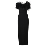 Black Strapless ankle length dress with ostrich feathers | Gina Kim