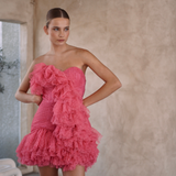 Full ruffles pleated strapless mini length party dress with mermaid line | Gina Kim