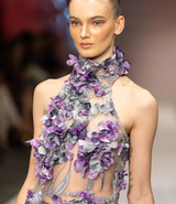 3D flowers French lace fabric with high quality tulle, featuring a halter neckline and a mermaid hemline, close shot  | Gina Kim