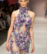 3D flowers French lace fabric with high quality tulle, featuring a halter neckline and a mermaid hemline | Gina Kim