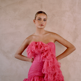 Full ruffles pleated strapless mini length party dress with mermaid line | Gina Kim