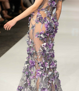 3D flowers French lace fabric with high quality tulle, featuring a halter neckline and a mermaid hemline, close shot from the skirt  | Gina Kim