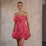 Full ruffles pleated strapless mini length party dress with mermaid line | Gina Kim