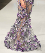 3D flowers French lace fabric with high quality tulle, featuring a halter neckline and a mermaid hemline | Gina Kim