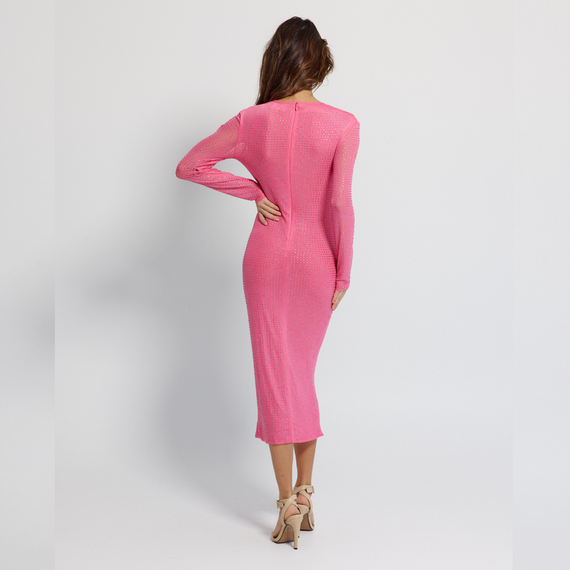 Pink Long sleeve slim lined Rhinestones mesh midi length black dress - GINAKIM