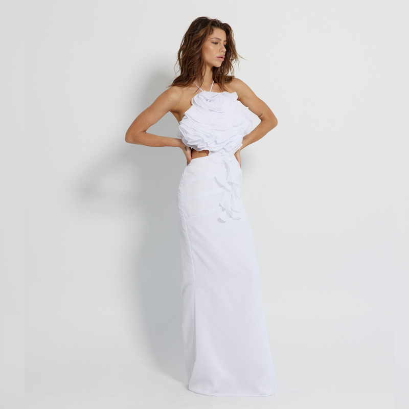 Long Backless White Dress with straps, Mermaid Line Dress - GINAKIM