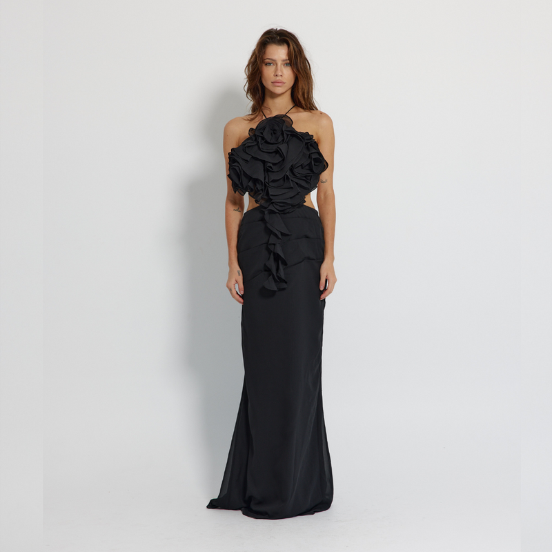 Long Backless Black Dress with straps, Mermaid Line Dress - GINAKIM