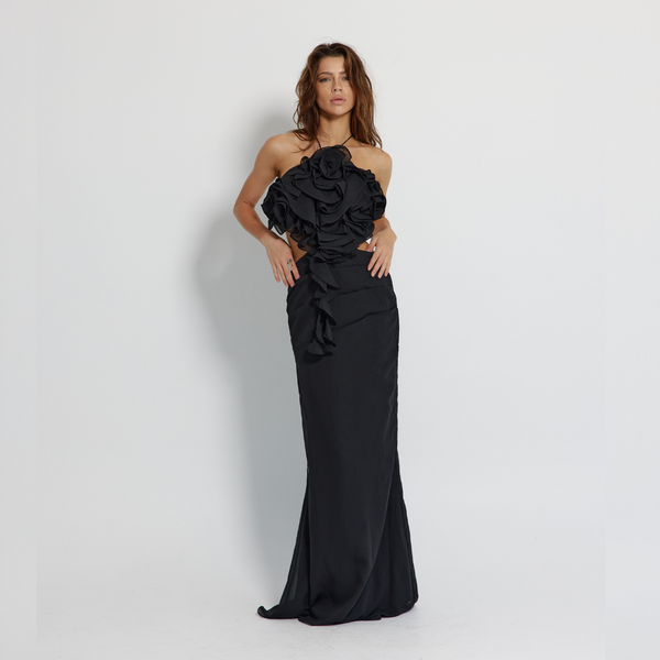 Long Backless Black Dress with straps, Mermaid Line Dress - GINAKIM