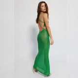 Green backless sequin maxi dress with adjustable strap and cowl neckline - GINAKIM