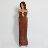 Petal shaped beautiful brown slim line long sequins dress - GINAKIM