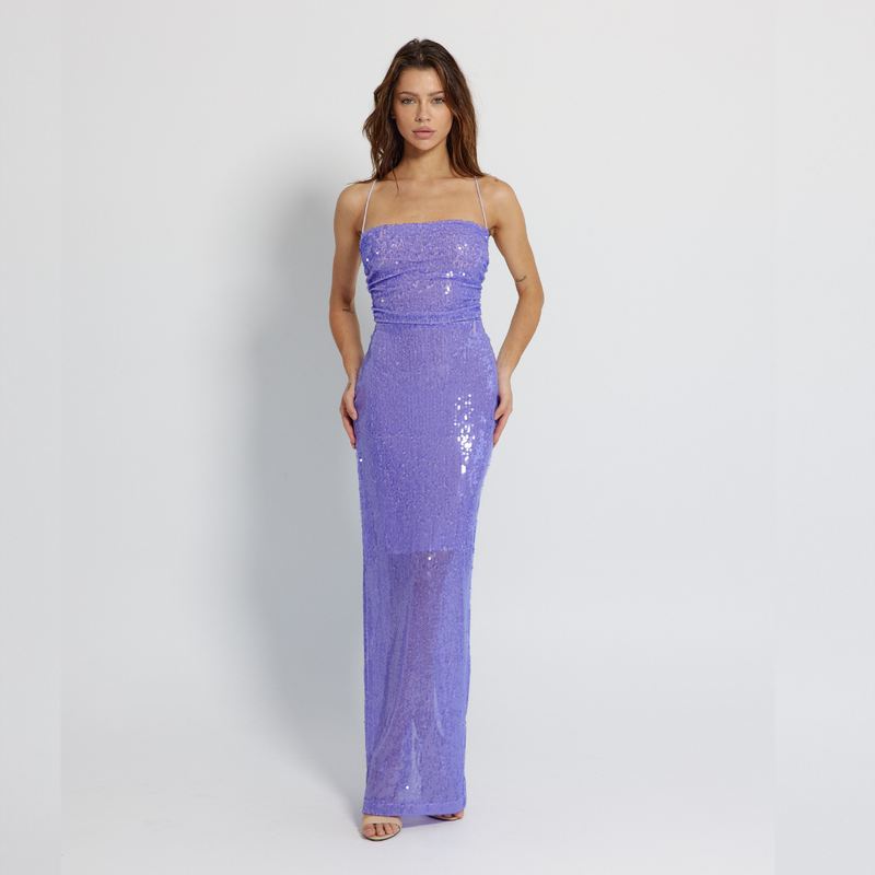 Backless Long Purple Water Sequin Dress with Adjustable Straps Details & Centre Back Split - GINAKIM