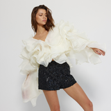 White crop top Blouse, long sleeve with organza ruffle with hook eye close - GINAKIM