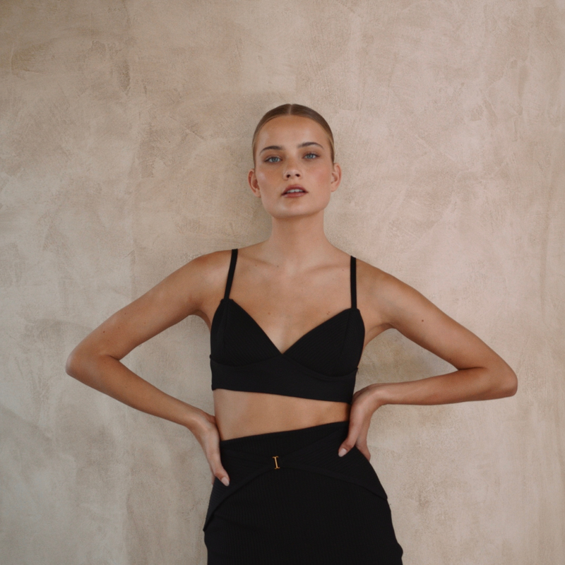 Adjustable black straps bra top and midi length skirt set |  Gina Kim