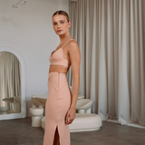 Adjustable pink straps bra top and midi length skirt set | Gina Kim