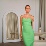 Strapless solid green coloured mid-calf length dress | Gina Kim