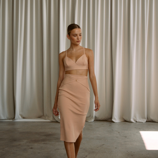 Adjustable pink straps bra top and midi length skirt set in a wide view | Gina Kim
