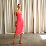 Strapless solid hot pink coloured mid-calf length dress | Gina Kim
