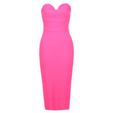 Strapless solid hot pink coloured mid-calf length dress | Gina Kim