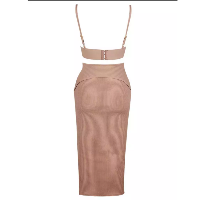 Adjustable pink straps bra top and midi length skirt set from the back | Gina Kim